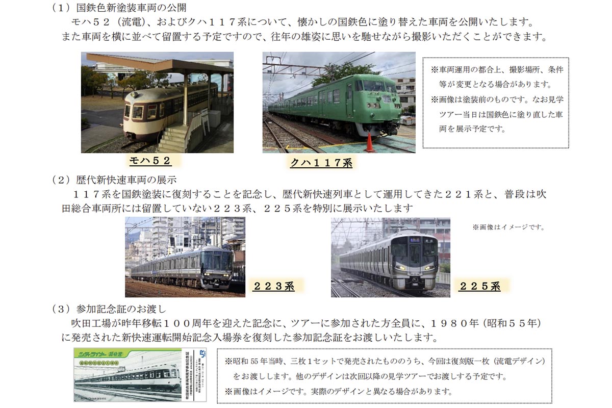 「吹田総合車両所見学ツアー」の内容（画像：JR西日本）